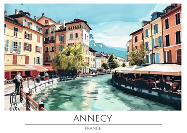 Digitale Kunst getiteld "Annecy Canal Escape" door Chun Yu Guan, Origineel Kunstwerk, AI gegenereerde afbeelding Gemonteerd…