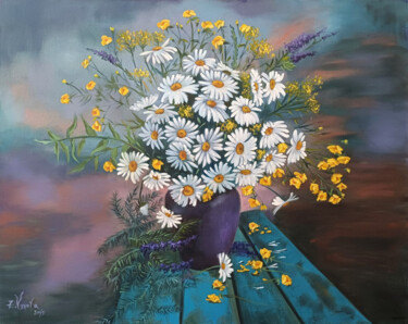Flowers From my Garden - Daisy Time. Painting titled "Flowers From my Gar…" by Zina Vysota, Original Artwork, Oil Mounted on Wood Stretcher frame