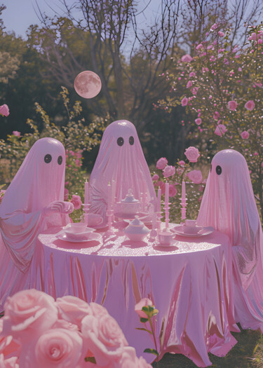 Digitale Kunst getiteld "Gentle Ghosts' Tea…" door Chun Yu Guan, Origineel Kunstwerk, AI gegenereerde afbeelding Gemonteerd…