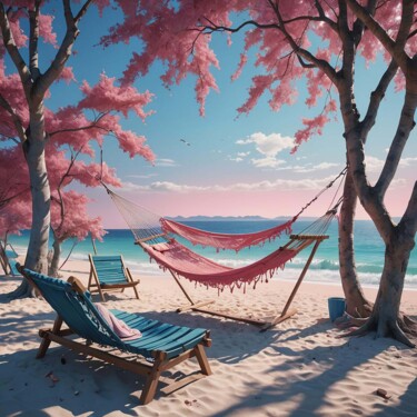 "A la plage" başlıklı Dijital Sanat Evelyne Moncy tarafından, Orijinal sanat, AI tarafından oluşturulan görüntü Ahşap Sedye…