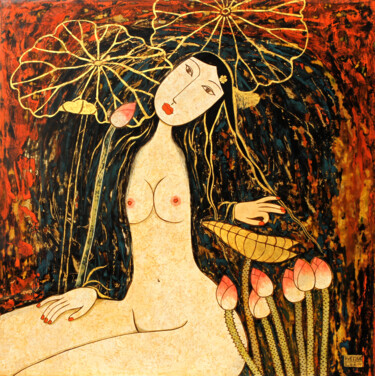 Painting titled "Bathing In The Lotu…" by Du Bui Trong, Original Artwork, Lacquer Mounted on Wood Panel