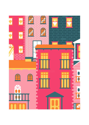 Digitale Kunst getiteld "Urban Pink Facades" door Chun Yu Guan, Origineel Kunstwerk, AI gegenereerde afbeelding Gemonteerd o…