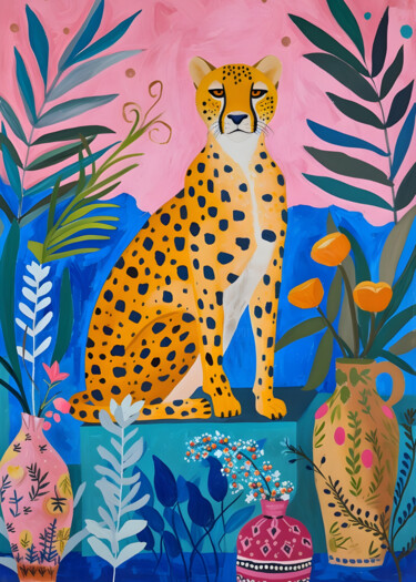 「Exotic Jungle Vase…」というタイトルのデジタルアーツ 春宇 关によって, オリジナルのアートワーク, AI生成画像 段ボールにマウント