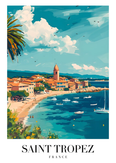 数字艺术 标题为“Saint Tropez Coasta…” 由春宇 关, 原创艺术品, AI生成的图像 安装在纸板上