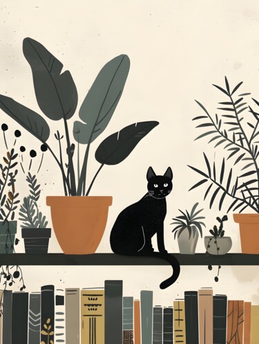 Digitale Kunst mit dem Titel "Cozy Cat Among Book…" von Chun Yu Guan, Original-Kunstwerk, KI-generiertes Bild Auf Karton mon…