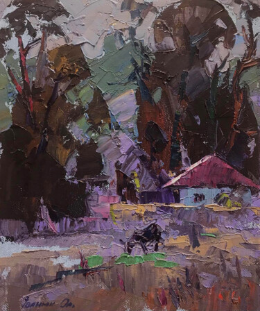 Painting titled "House at the edge o…" by Oleksiy Ivanyuk, Original Artwork, Oil Mounted on Wood Stretcher frame