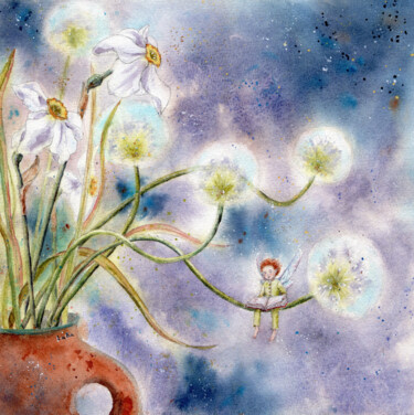 Schilderij getiteld "Dreamy reader" door Larysa Kaminska, Origineel Kunstwerk, Aquarel