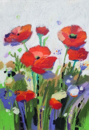 Dancing Poppies, oil pastels Schilderij getiteld "Dancing Poppies, oi…" door Ludmila Kuchina, Origineel Kunstwerk, Pastel