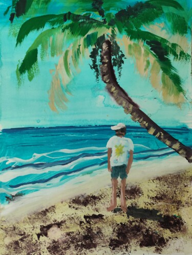 Schilderij getiteld "Man Under Palm Tree…" door Iren Troi, Origineel Kunstwerk, Gouache