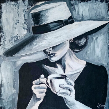 Interior portrait of a lady in a cafe - Morning Elegance Pintura intitulada "Interior portrait o…" por Liubov Samoilova, Obras de arte originais, Acrílico Montado em Cartão