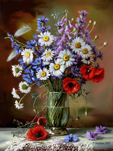 Bright painting with wild flowers 绘画 标题为“Bright painting wit…” 由Tatjana Cechun, 原创艺术品, 油 安装在木质担架架上
