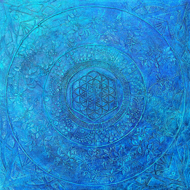 Manifested Depth - Sacred Geometry Mandala in Marine Blue 绘画 标题为“Manifested Depth -…” 由Sasha Tovstik, 原创艺术品, 丙烯 安装在木板上