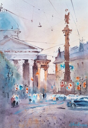 Painting titled "Evening city" by Marina Zhukova, Original Artwork, Watercolor