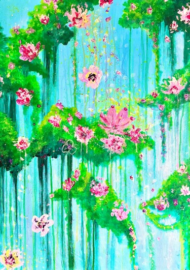 Lotus Cascades Pintura titulada "Lotus Cascades" por Blooming Paint, Obra de arte original, Acrílico Montado en Bastidor de camilla de made…