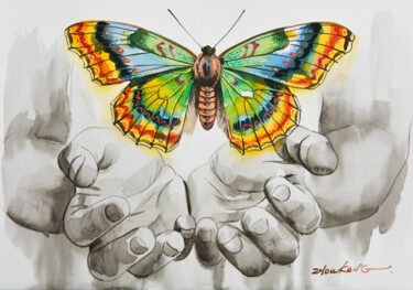 「Butterfly on Hand3」というタイトルの絵画 Kang Zhouによって, オリジナルのアートワーク, 水彩画