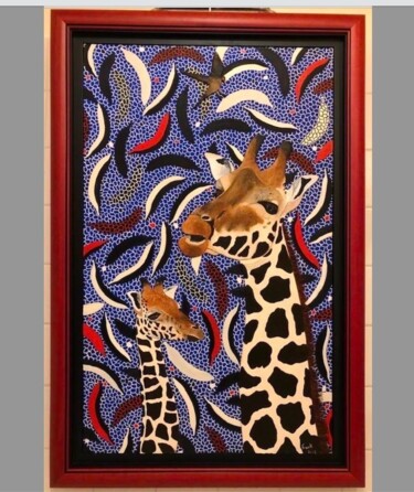 Painting titled "Girafes Rouge-Sang" by Frank Guillard, Original Artwork, Oil Mounted on Wood Stretcher frame