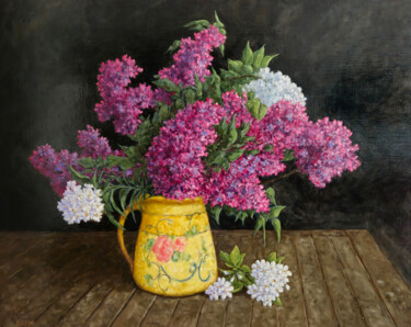 Painting titled "Lilas au vase jaune" by Henri Remi, Original Artwork, Oil Mounted on Wood Stretcher frame