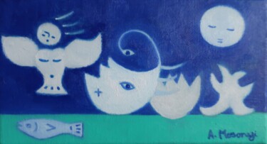 Painting titled "MOON CHILDREN" by Adele Mosonyi, Original Artwork, Oil Mounted on Wood Stretcher frame
