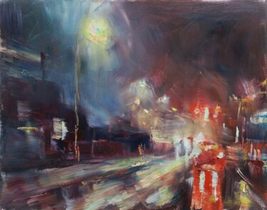 Ζωγραφική με τίτλο "La ville nocturne IV" από Marta Lipowska, Αυθεντικά έργα τέχνης, Λάδι Τοποθετήθηκε στο Ξύλινο φορείο σκε…