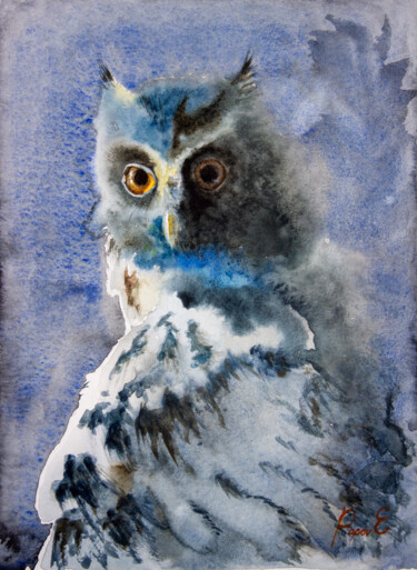 Schilderij getiteld "Owl in the darkness" door Eugene Popov, Origineel Kunstwerk, Aquarel