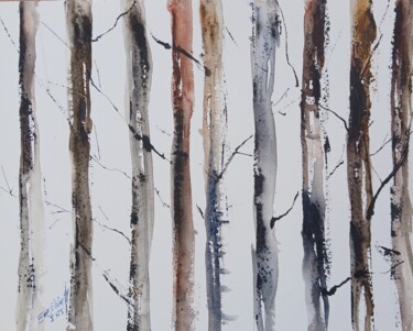 Painting titled "Forêt de bouleaux" by Eve Elikoff, Original Artwork, Watercolor