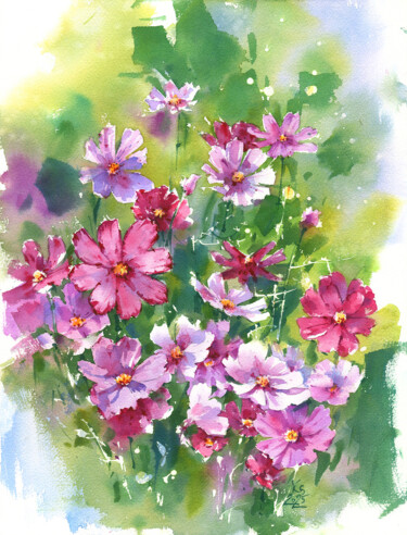 绘画 标题为“Cosmos Flowers. Sun…” 由Ksenia Selianko, 原创艺术品, 水彩 安装在artwork_cat.上