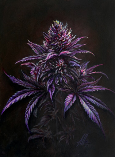 Purple Indica Flower – Symbolist Botanical Painting Schilderij getiteld "Purple Indica Flowe…" door Alla Ostrovsky, Origineel Kunstwerk, Acryl