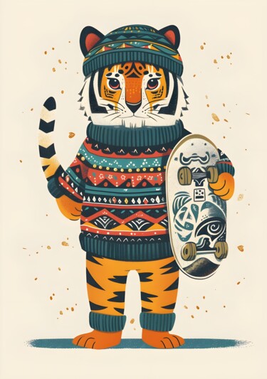 Digitale Kunst getiteld "Urban Tiger Skatebo…" door Chun Yu Guan, Origineel Kunstwerk, AI gegenereerde afbeelding Gemonteerd…