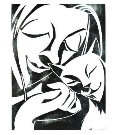 Incisioni, stampe intitolato "Catlove" da Regina Riegler, Opera d'arte originale, Xilografia