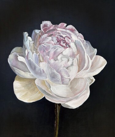 Inner layers. Large white peony on black 绘画 标题为“Inner layers. Large…” 由Mira Soléa, 原创艺术品, 丙烯