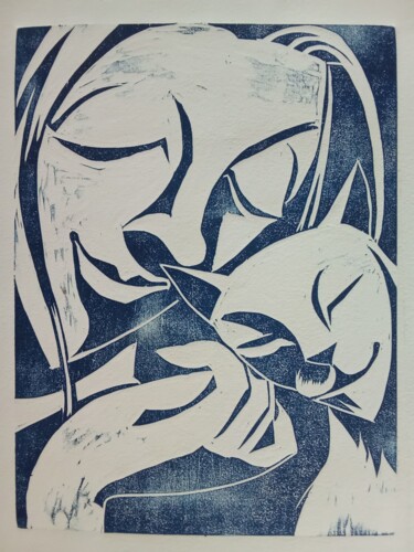 「Katzenliebe」というタイトルの製版 Regina Rieglerによって, オリジナルのアートワーク, 木版画