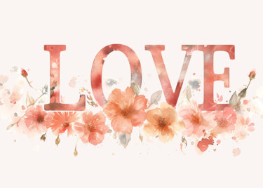 Digitale Kunst getiteld "Floral Love Typogra…" door Chun Yu Guan, Origineel Kunstwerk, AI gegenereerde afbeelding Gemonteerd…