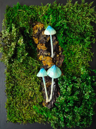 Blue Bell Mushrooms Preserved Moss Art Collages titled "Blue Bell Mushrooms…" by Simona Zorina, Original Artwork, Collages Mounted on Cardboard
