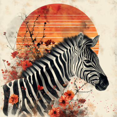 Vintage Wild: Floral Zebra at Dusk 数字艺术 标题为“Vintage Wild: Flora…” 由Anna Burger, 原创艺术品, 数字油画