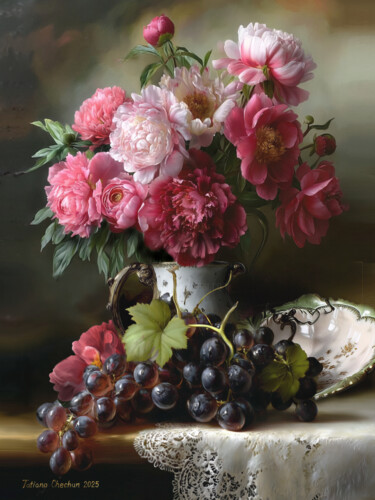 Oil painting with peonies and grapes. Floral still life Malerei mit dem Titel "Oil painting with p…" von Tatjana Cechun, Original-Kunstwerk, Öl Auf Keilrahmen aus Holz montiert