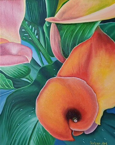 Картина под названием "Calla Lilies" - Sulser-Art, Подлинное произведение искусства, Масло Установлен на Деревянная рама для…