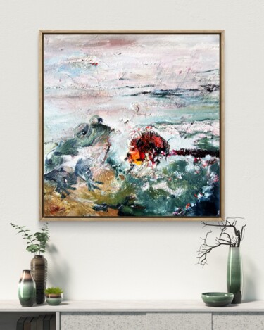 Schilderij getiteld "Frog and Ladybug in…" door Aloosan, Origineel Kunstwerk, Olie Gemonteerd op Frame voor houten brancard