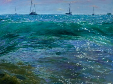 Pittura intitolato "YACHTS AT SEA" da Anna Krasnovskaya, Opera d'arte originale, Olio Montato su Telaio per barella in legno