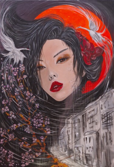 Oriental Enigma: Woman Portrait 绘画 标题为“Oriental Enigma: Wo…” 由Nadia Krashevska, 原创艺术品, 丙烯 安装在木质担架架上