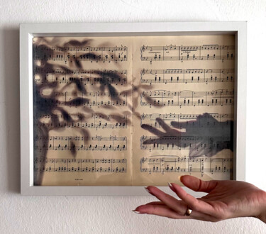Pastel Silhouette Hands & Leaves on Vintage Music Sheet Drawing titled "Pastel Silhouette H…" by Shilo Julia, Original Artwork, Pastel