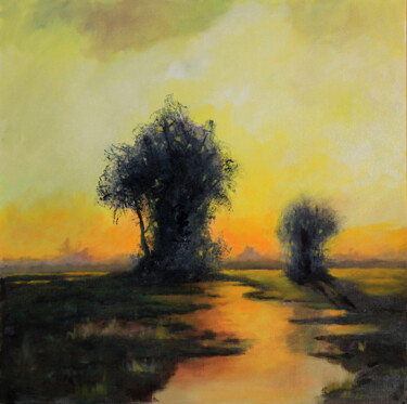 제목이 "Evening Mood"인 미술작품 Willis Moore로, 원작, 기름 나무 들것 프레임에 장착됨