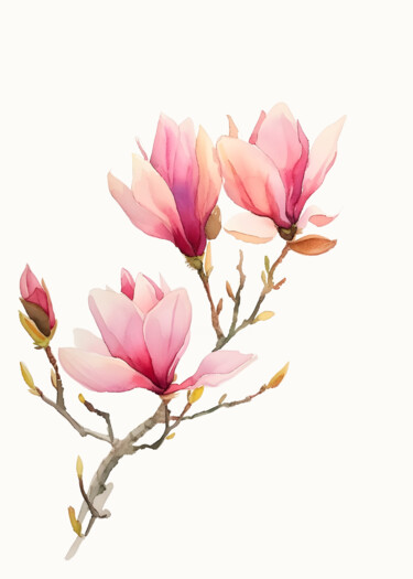 Digitale Kunst getiteld "Elegant Magnolias B…" door Chun Yu Guan, Origineel Kunstwerk, AI gegenereerde afbeelding Gemonteerd…