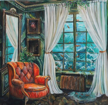 A Room Beneath the Sea – Surreal Oceanview 绘画 标题为“A Room Beneath the…” 由Lubа Mira, 原创艺术品, 丙烯 安装在其他刚性面板上