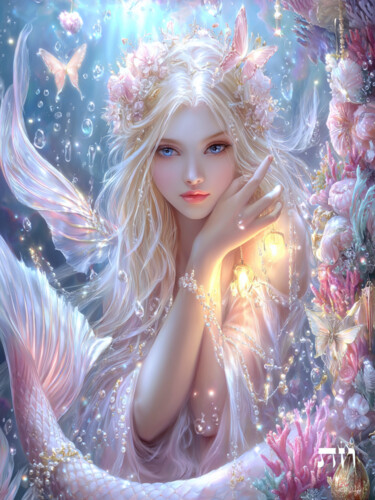 Ethereal Glow: Guardian Angel Mermaid of the Deep Waters Цифровое искусство под названием "Ethereal Glow: Guar…" - Asnat Unnger, Подлинное произведение искусства, Струйный