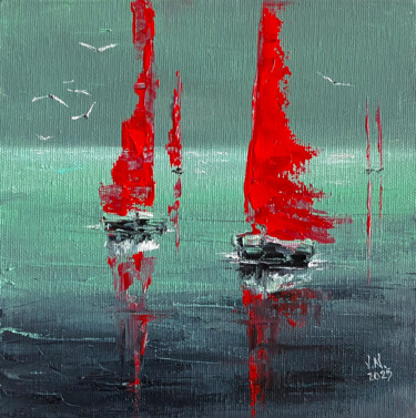 Картина под названием "Sunrise at sea" - Volodymyr Nezdiimynoha, Подлинное произведение искусства, Масло Установлен на Дерев…