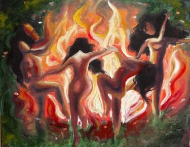 Pittura intitolato "Sorcières dansant d…" da Raphaëlle Dubrulle, Opera d'arte originale, Olio Montato su Telaio per barella…