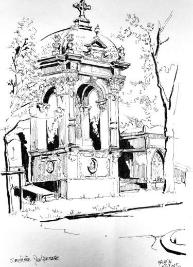 Рисунок под названием "Cimetière Montparna…" - Veronique Gaudin, Подлинное произведение искусства, Чернила