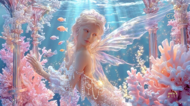 Angel. Cancer Zodiac. Rose, golden, blue, lilac, 50x90 & any Цифровое искусство под названием "Angel. Cancer Zodia…" - Asnat Unnger, Подлинное произведение искусства, Струйный