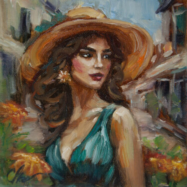 Girl in a Sunhat Malarstwo zatytułowany „Girl in a Sunhat” autorstwa Olga Lysenko, Oryginalna praca, Olej Zamontowany na Drewniana rama noszy