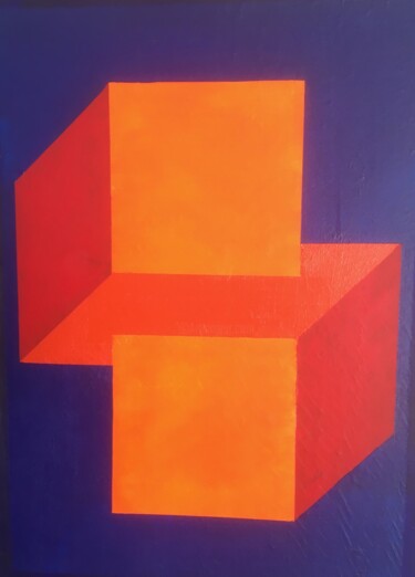 Painting titled "Deux cubes" by Roger Merian, Original Artwork, Acrylic Mounted on Wood Stretcher frame
